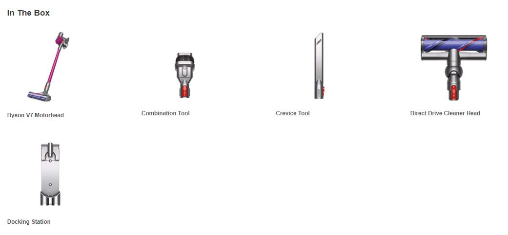 Dyson stick vacuum includes combination tool, crevice tool, direct drive cleaner head, and docking station 